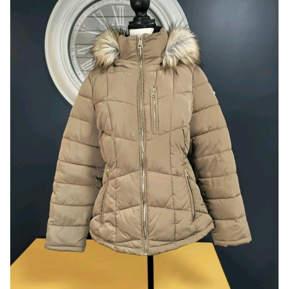 Marc New York Puffer Coat with Faux Fur Trim Hood Women's M Beige Full Zip EUC